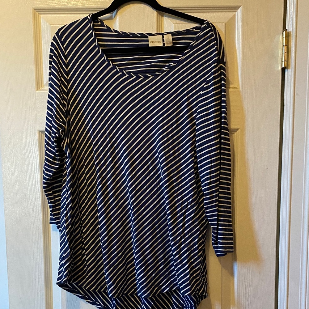 Chico's Navy and White Striped Long Sleeve Top
